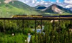 Northbound passenger train across Riley's Creek Trestle in Denali National Park